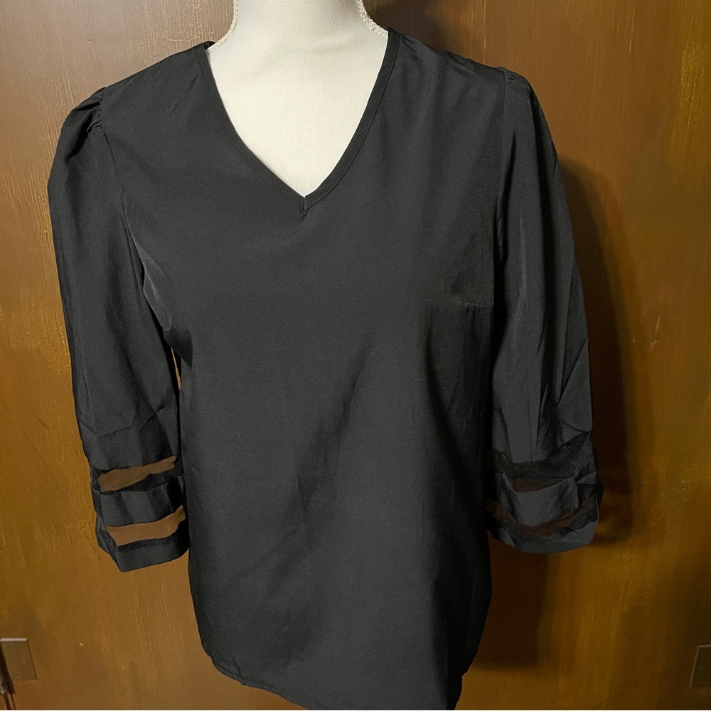 SHEIN Black V-Neck Blouse with Sheer Sleeve Detail